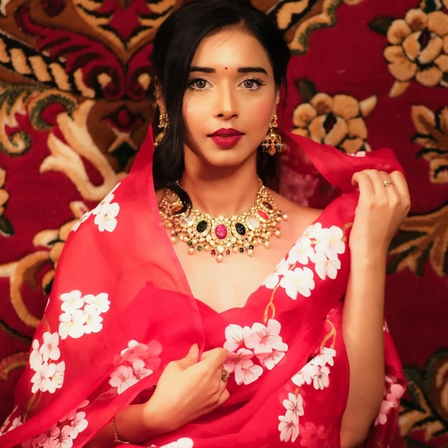 Tanya Mittal light red printed Saree